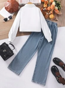 SHEIN Conjunto de 2 peças de roupa casual para meninas adolescentes para a escola: colete de malha, camisa de malha e calças jeans, outono/inverno