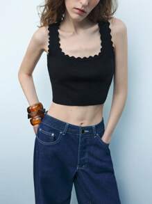 Maija 女士黑色早春 U 领无袖波浪设计性感时尚休闲日常背心节日 - 黑色 - 查看 2