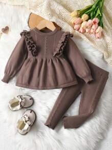 2pcs/Set Baby Girls Ruffle Trim Long Sleeve Sweater And Long Pants Set, Infant Solid Color Knitted Sweater And Trousers Casual Outfit