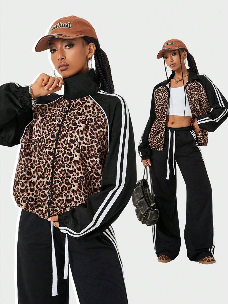 Coolane Women's Fall/Winter Streetwear Going Out Daily Wear Leopard Pattern Graphics Patchwork High Neck Windbreaker Jacket