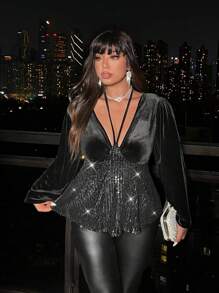 Allurite 大码女式亮片拼布高领长袖衬衫，适合约会、聚会、活动