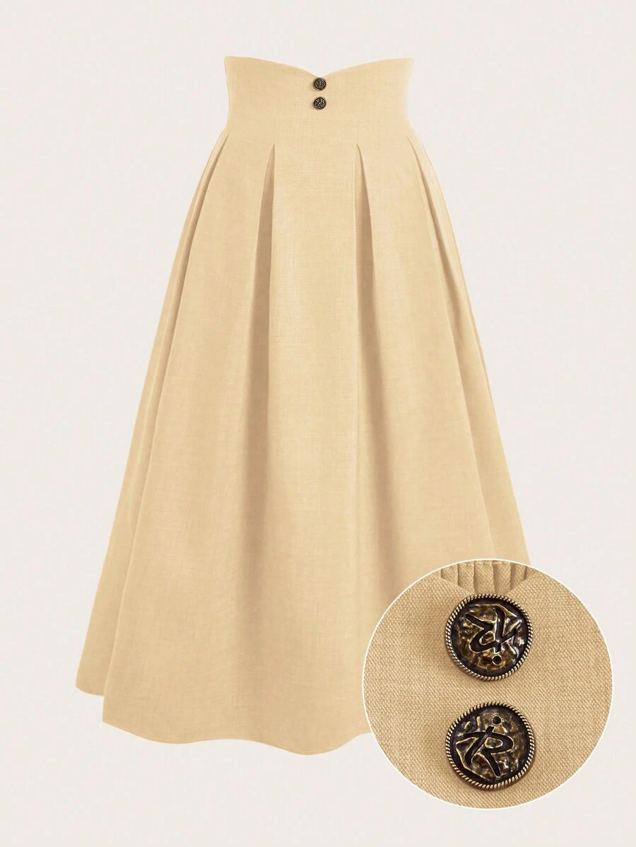 Sweetra Plus Size Women High Waist Button Design Pleated Vintage Commuter Skirt - Beige - View 1