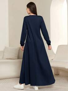 Seusyu Women Casual Contrast Striped Sweatshirt Dress, Autumn/Winter - Navy Blue - View 2