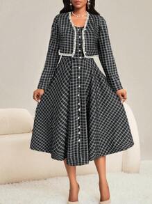 SHEIN Lady Herbstkleidung im Viersaonenlook Zwei-Teiler Herbstsets Elegante Damenkleider für Büroarbeit, Valentinstag, Ausgestellter Ausschnitt, Langarm, Neuer Fit, Damen Zweiteiler, Winterkleid Damen, Herbstoutfits Damen - Schwarz und Weiss - Übersicht 3