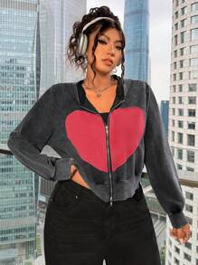 SHEIN EZwear Sudadera de talla grande con diseño de corazón rojo lavado, para primavera/Día de San Valentín - Multicolor - Ver 2