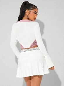SHEIN SXY Sexy & Cute Lace Panel White Long Sleeve T-Shirt, Autumn/Winter