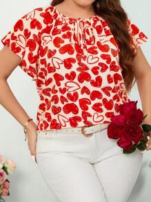 SHEIN Clasi Plus Size Valentine's Day Heart Print Tie-Neck Blouse For Summer - Red and White - View 6