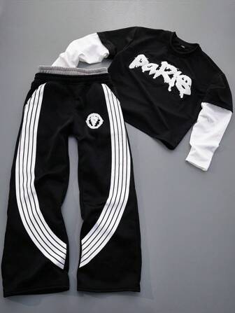 PAVTROS Manfinity Streetrush Men's Young Street INS Black And White Color-Blocked 2 In 1 T-Shirt With 3D Embroidered "Paris" Lettering, Double Waistband Design, Side Multi-Stripe Design, Long Sleeve T-Shirt With Slight Flared Pants Set. Men Two Pieces Outfits, Men Tracksuit, Men Clothes, Fall Clothes