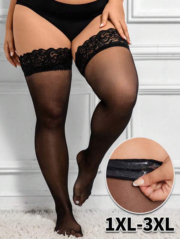 ChaseTheNight Conjunto de lencería sexy con encaje de contraste para mujer de talla grande (1 par de medias)