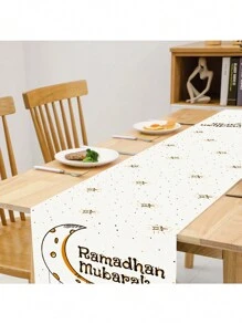 1 Pc Star And Moon Print Linen Ramadan Kareem Table Runner - Rectangular Woven Holiday Decor For Indoor And Outdoor Parties - Multicolor - View 5