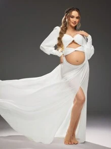 SHEIN Front Knot Design, Lantern Sleeve, Slit Dress Photo Shoot Style Evening Gown