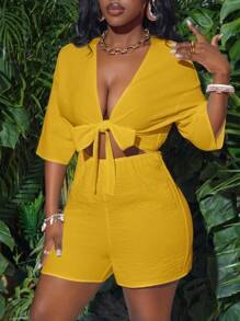 Slaydiva Vakantie Witte Voorkant Twist Holle 3/4 Mouw Losse Jumpsuit