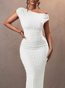 Slaydiva Vestido elegante y sexy de dama con hombro descubierto, de tela con textura a rayas, ideal para fiestas, Día de San Valentín, Año Nuevo o vacaciones. Colección Otoño/Invierno 2024