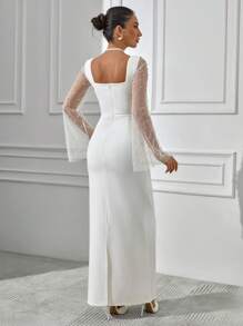 EURMUSE Đầm dự tiệc tay loe đính hạt ngọc trai lưới thanh lịch - trắng - Xem 2