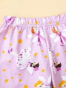 2pcs/Set Young Girl Casual Fairy Tale Fairy Pattern Puffy Sleeve Ruffle Edge Short T-Shirt And Fairy Print Long Pants Set - White - View 6