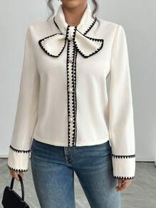 SHEIN Privé 女士秋季系带领长袖优雅拼色常规夹克 - 黑與白 - 查看 8