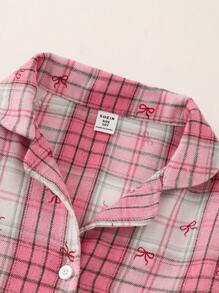 SHEIN 2pcs Girl's Sweet Casual Versatile Plaid Print Bow Cardigan And Pants Long Sleeve Comfortable Loungewear Set - Pink - View 6