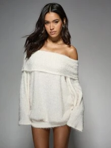 MISSGUIDED 超大露肩毛绒针织迷你毛衣裙冬秋温暖舒适家居服长袖宽松露肩领口晚会