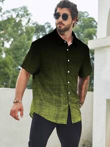 Manfinity Homme Men's Ombre Color Single-Breasted Casual Loose Short Sleeve Shirt - Army Green - View 3