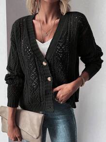 EMERY ROSE Women's Solid Color Long Sleeve Black Cardigan, Minimalist Casual Daily Wear Fall Winter Cloth For Women - Black - View 5