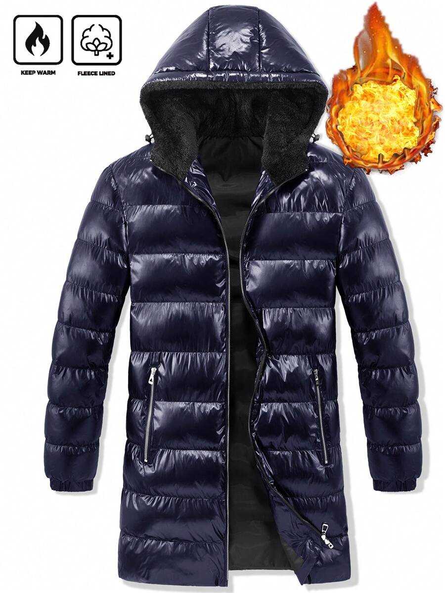 Manfinity Homme Men's Hooded Long Length Padded Winter Coat, Glossy Quilted Coat For Autumn/Winter - Royal Blue - View 1