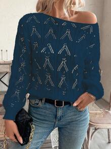 SHEIN LUNE Casual Off Shoulder Hollow Floral Loose Pullover Sweater, Relaxed Holiday Style - Navy Blue - View 6