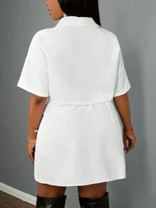 Slaydiva Plus Size Women's Casual Vacation Shirt Collar Short Sleeve Cropped Top And Slit Mini Skirt 2 Pieces Set