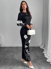 Modelyn 女士圆领紧身花卉贴花优雅长袖连衣裙长款晚礼服 - 黑色 - 查看 5