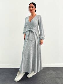 SHEIN Cottnline Asymmetrical Ruffled Belted Wrap Long Dress - Light Grey - View 4