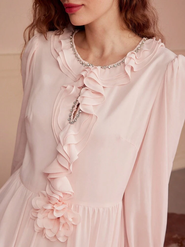 RUFFLE TRIM LANTERN SLEEVE FLOWY DRESS,VALENTINE'S DAY OUTFIT,SPRING/SUMMER