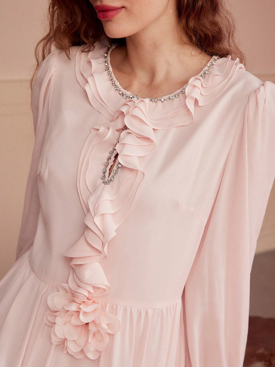RUFFLE TRIM LANTERN SLEEVE FLOWY DRESS,VALENTINE'S DAY OUTFIT,SPRING/SUMMER