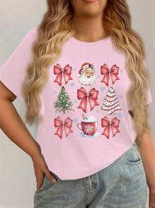 INAWLY Áo thun tay ngắn cổ tròn họa tiết kẻ caro in hình ông già Noel, cây thông Noel, nơ và cà phê cỡ lớn cho nữ mùa hè - Hồng - Xem 1