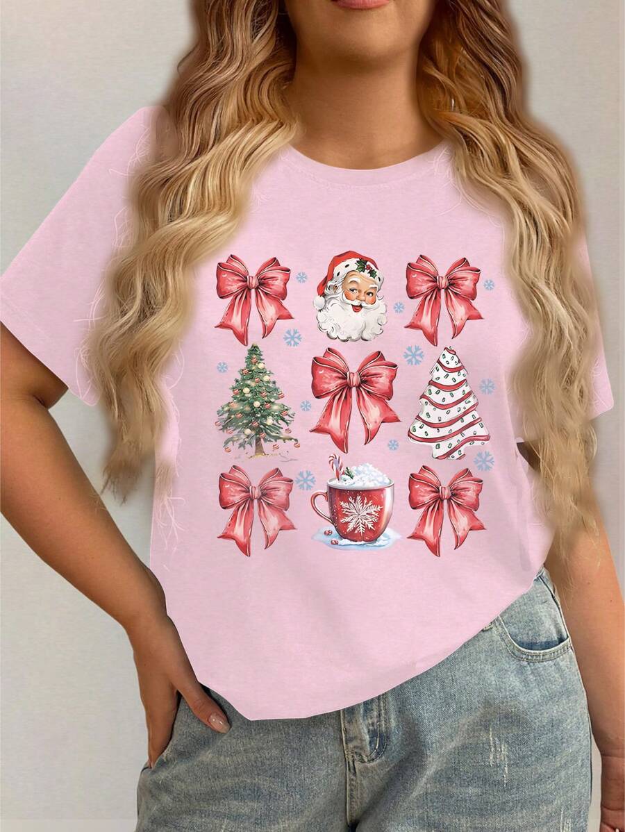 INAWLY Áo thun tay ngắn cổ tròn họa tiết kẻ caro in hình ông già Noel, cây thông Noel, nơ và cà phê cỡ lớn cho nữ mùa hè - Hồng - Xem 1