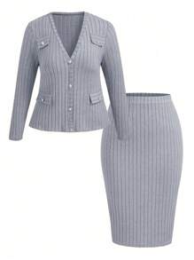 SHEIN Clasi Bộ áo len cardigan cổ chữ V màu trơn cỡ lớn cho nữ và chân váy bó sát - Xám - Xem 1