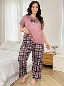Dream Adore Plaid Heart Pattern Round Neck Long Sleeve & Long Pants Plus Size Pajama Set