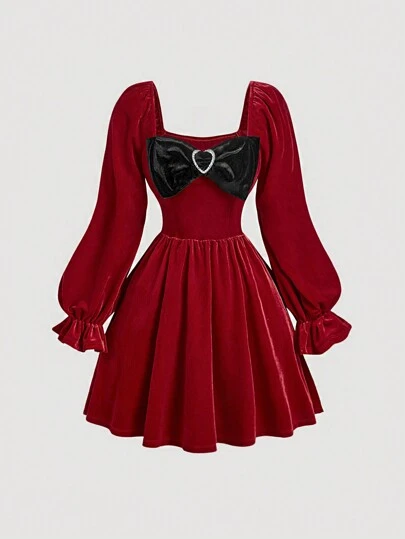 SHEIN MOD 红色可爱复古蝴蝶结连衣裙，女士套装，派对礼服，可爱的新年女士连衣裙卡哇伊衣服情人节