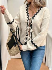 SHEIN Frenchy 女士波浪丝带前系带长袖开衫，休闲风格，秋冬 - 杏色 - 查看 5