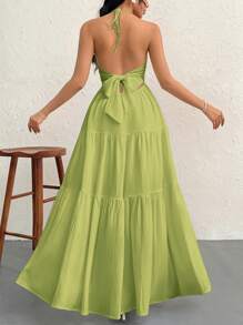 SHEIN Privé Women's Crinkled Halter Backless Dress With Tie Back, Suitable For Vacation, Wedding, Ceremony,Sun Dress