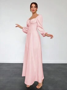 Aloruh Women's New Lantern Sleeve Long Sleeve Fitted A-Line Dress, Autumn/Winter - Pink - View 5