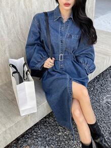 DAZY Vestido camisero de manga larga con cintura y cuello de mezclilla para mujer - Azul - Ver 6