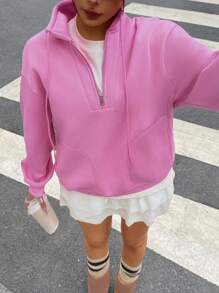 INAWLY Women Solid Color Drop Shoulder Long Sleeve Kangaroo Pocket Half-Placket Casual Sweatshirt, For Spring/Autumn/Winter - Pink - View 4