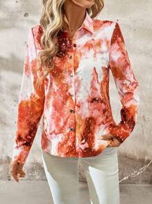 SHEIN Clasi Orange Abstract Print Loose Fit Women Long Sleeve Shirt Business Casual Woman Spring For Women - Multicolor - View 5