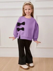 Cozy Pixies Young Girl Fashion 3D Bow Round Neck Dropped Shoulder Pullover Hoodie