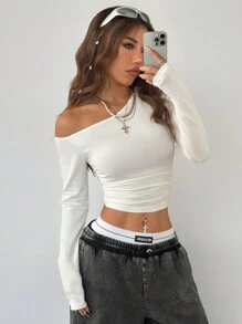 Coolane 女孩秋冬日常穿着必备针织弹力舒适不对称领口长袖上衣 - 白色 - 查看 4