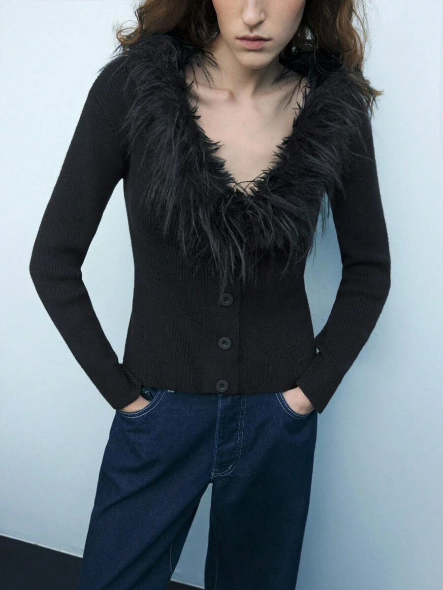 Maija Cárdigan de manga larga ajustado, de escote en V profundo y efecto mullido, de moda urbana versátil para mujer, para Año Nuevo, Día de San Valentín, festivales