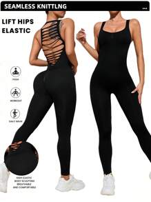 Easithlete Solid Color Backless Sleeveless Skinny Fitness Jumpsuit - Black - View 1