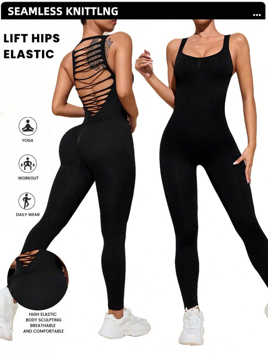 Easithlete Solid Color Backless Sleeveless Skinny Fitness Jumpsuit - Black - View 1