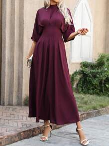 SHEIN Clasi Women's Middle East Style Casual Vacation Commute Front Waist Shirred Gathered Sleeve Dress, Spring/Summer/Autumn
