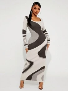 SHEIN SXY Women All-Over Pattern Fitted Long Sleeve Sweater Dress, Autumn/Winter - Multicolor - View 7