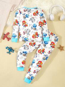 SHEIN 2pcs Young Boys Alien Print Glow-In-The-Dark Knit Round Neck Long Sleeve Top & Long Pants Snug Fit Sleepwear Set - Multicolor - View 2